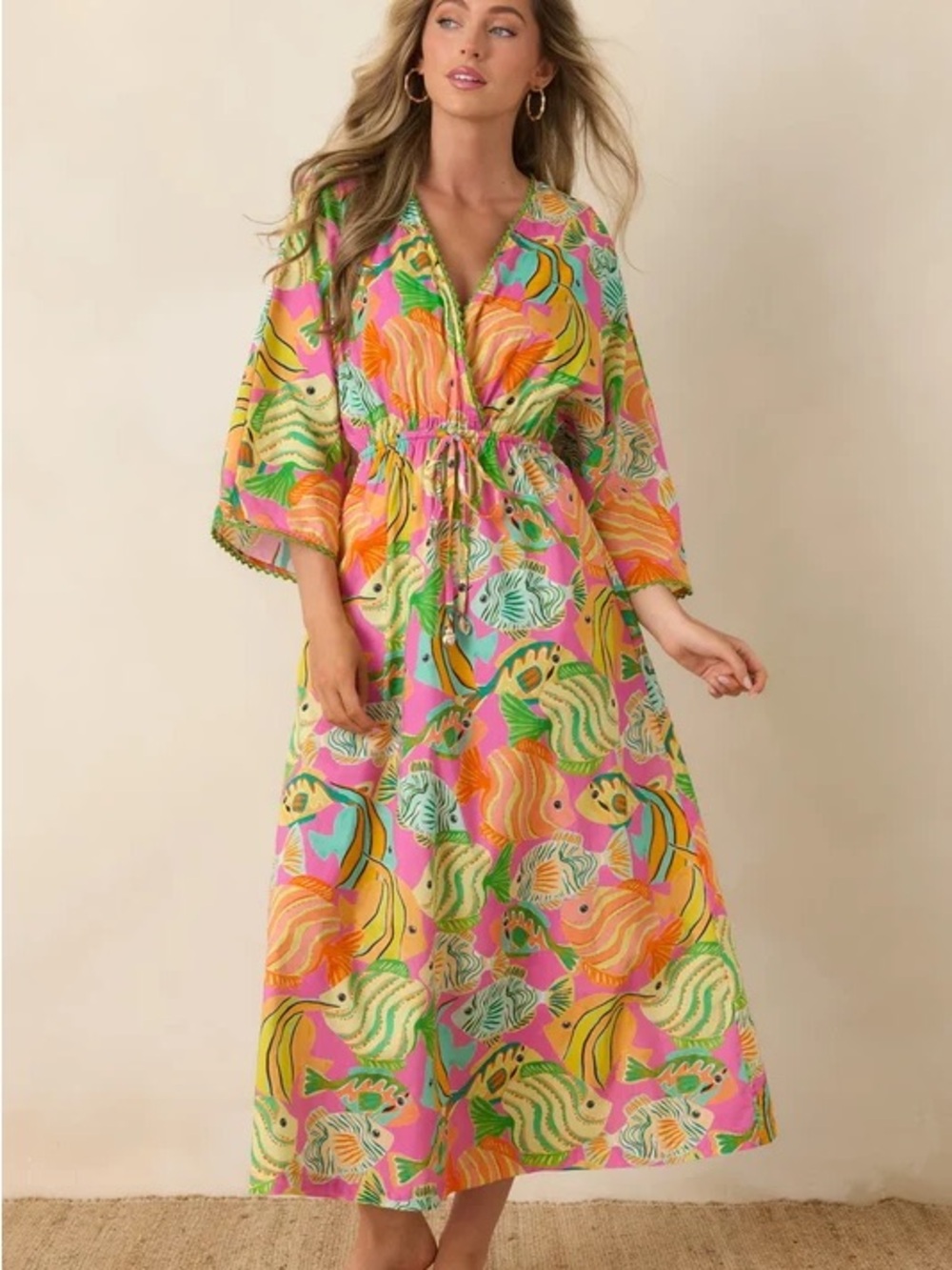 Paradisa Print Pink & Multicolor Swim Cover-Up Kaftan
